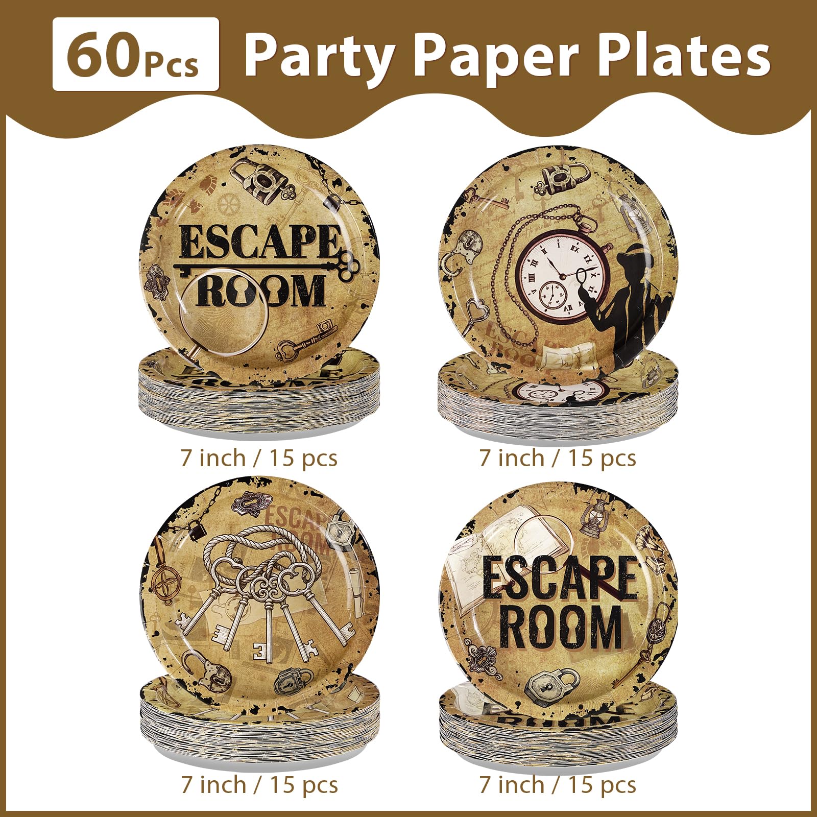 60 Pcs 7-inch Escape Room Party Plates - Grencian