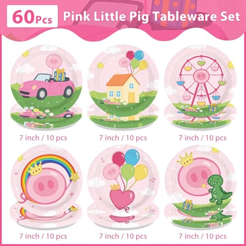 60 Pcs 7-inch Pink Pig Party Plates - Grencian