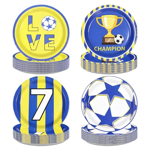 60 Pcs 9-inch Blue Yellow Soccer Party Plates - Grencian