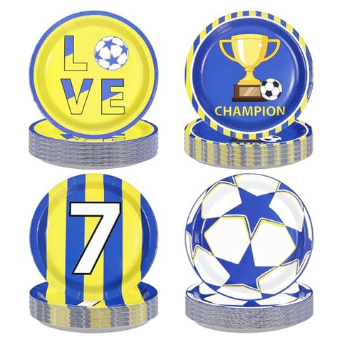 60 Pcs 9-inch Blue Yellow Soccer Party Plates - Grencian