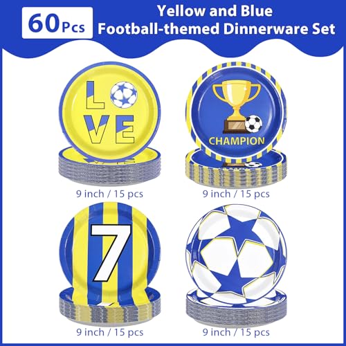 60 Pcs 9-inch Blue Yellow Soccer Party Plates - Grencian
