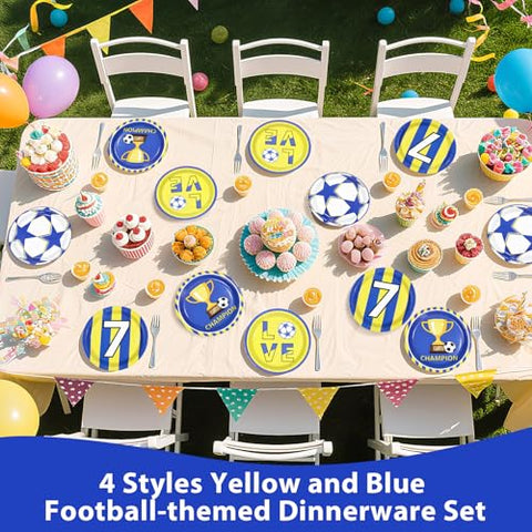 60 Pcs 9-inch Blue Yellow Soccer Party Plates - Grencian