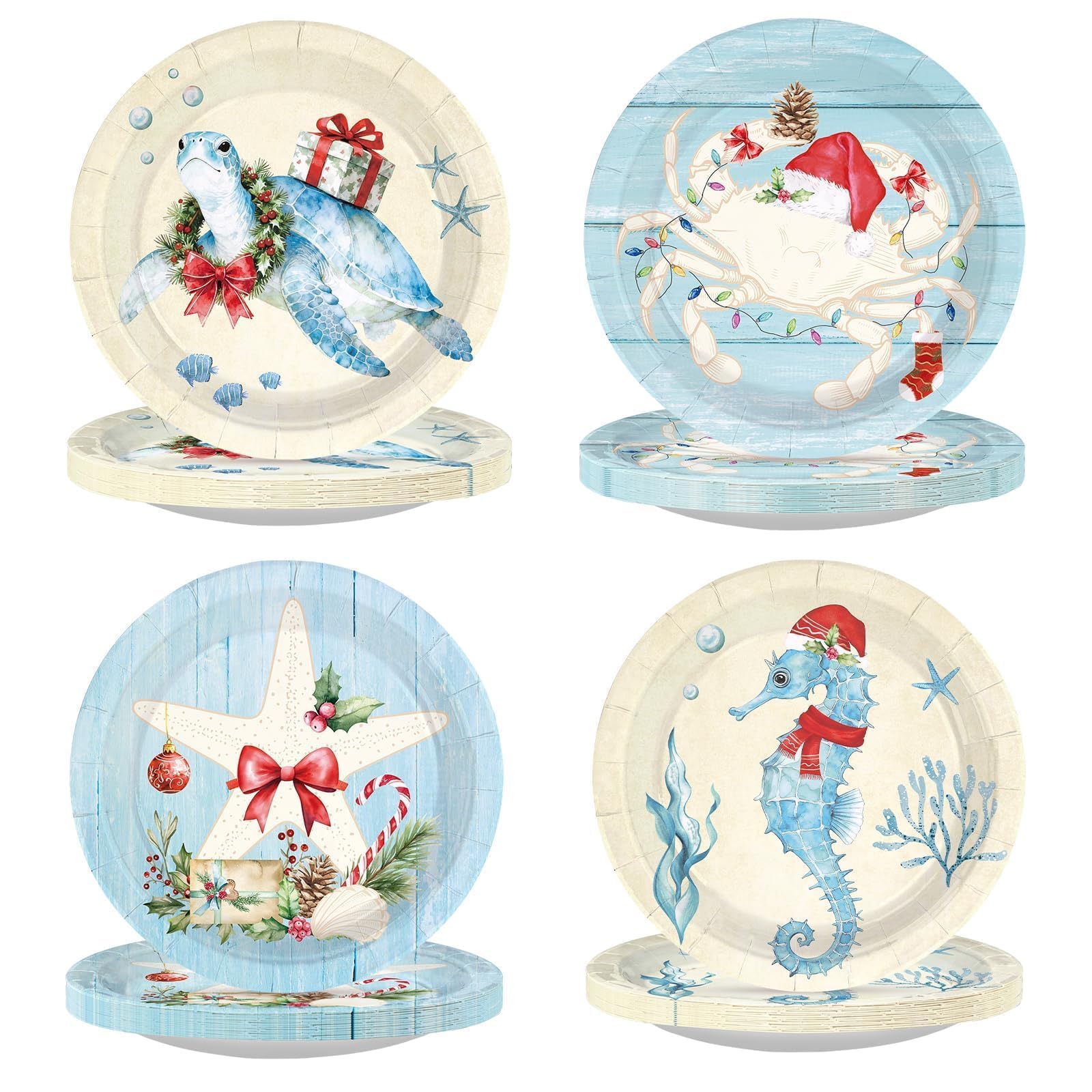 60 Pcs 9-inch Christmas Sealife Coastal Party Plates - Grencian