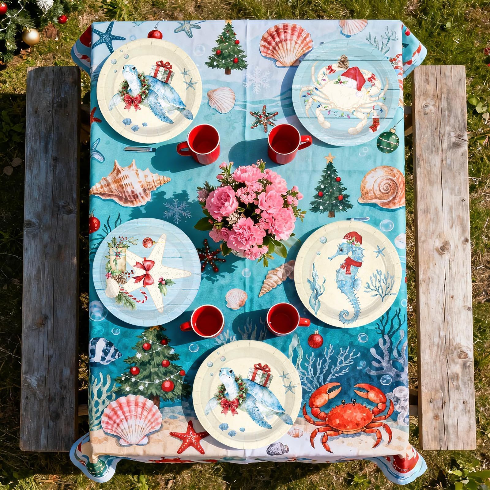 60 Pcs 9-inch Christmas Sealife Coastal Party Plates - Grencian