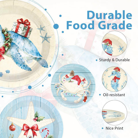 60 Pcs 9-inch Christmas Sealife Coastal Party Plates - Grencian