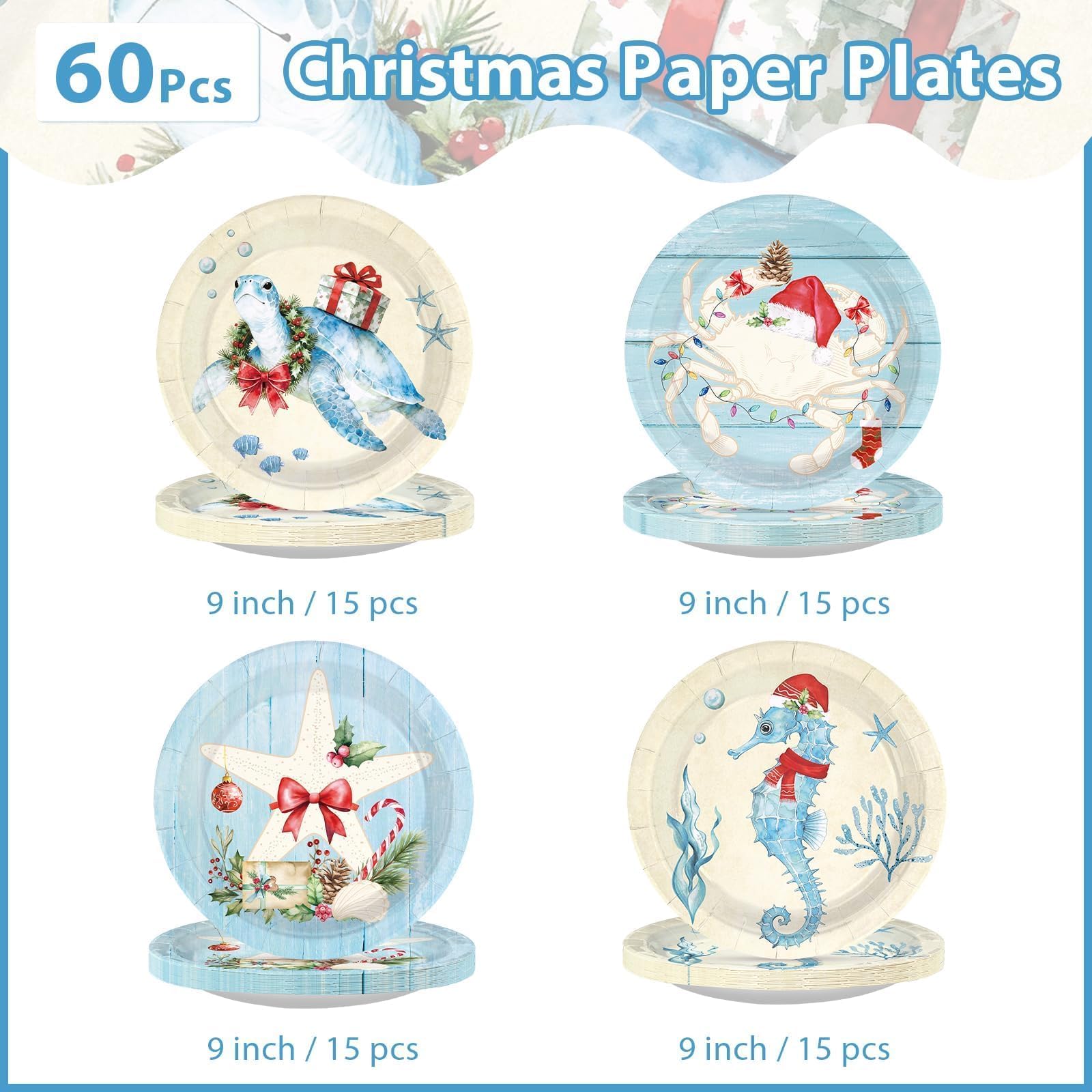 60 Pcs 9-inch Christmas Sealife Coastal Party Plates - Grencian