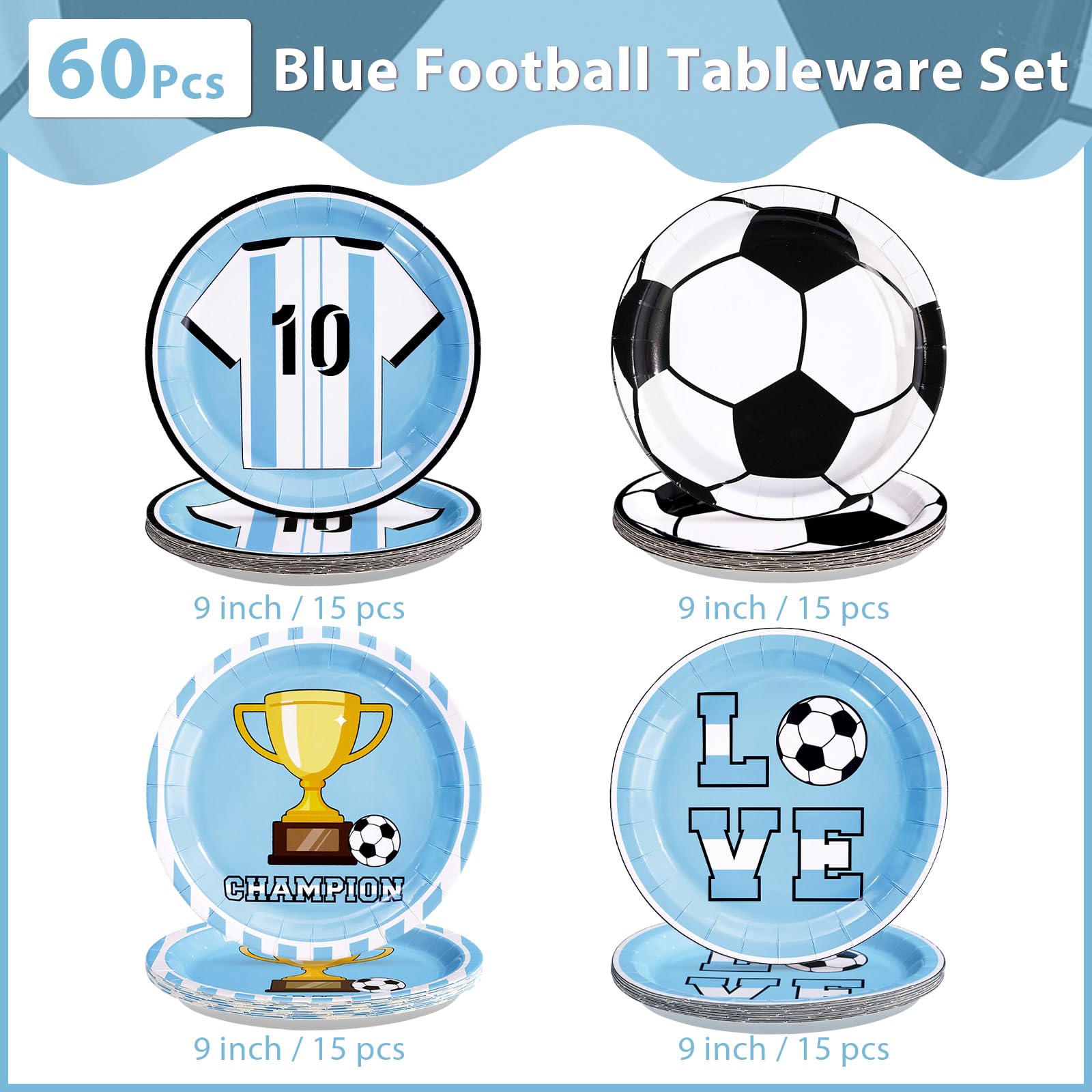 60 Pcs 9-inch Football Player Blue Party Plates - Grencian