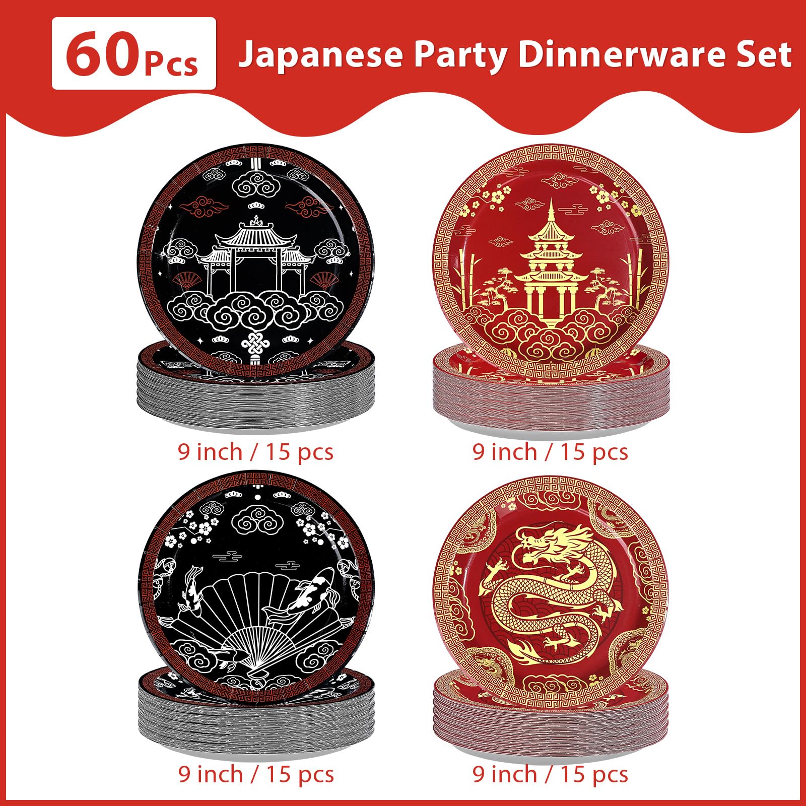 60 Pcs 9-inch Hibachi Party Plates - Grencian