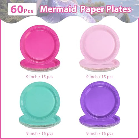 60 Pcs 9-inch Mermaid Solid Party Plates - Grencian