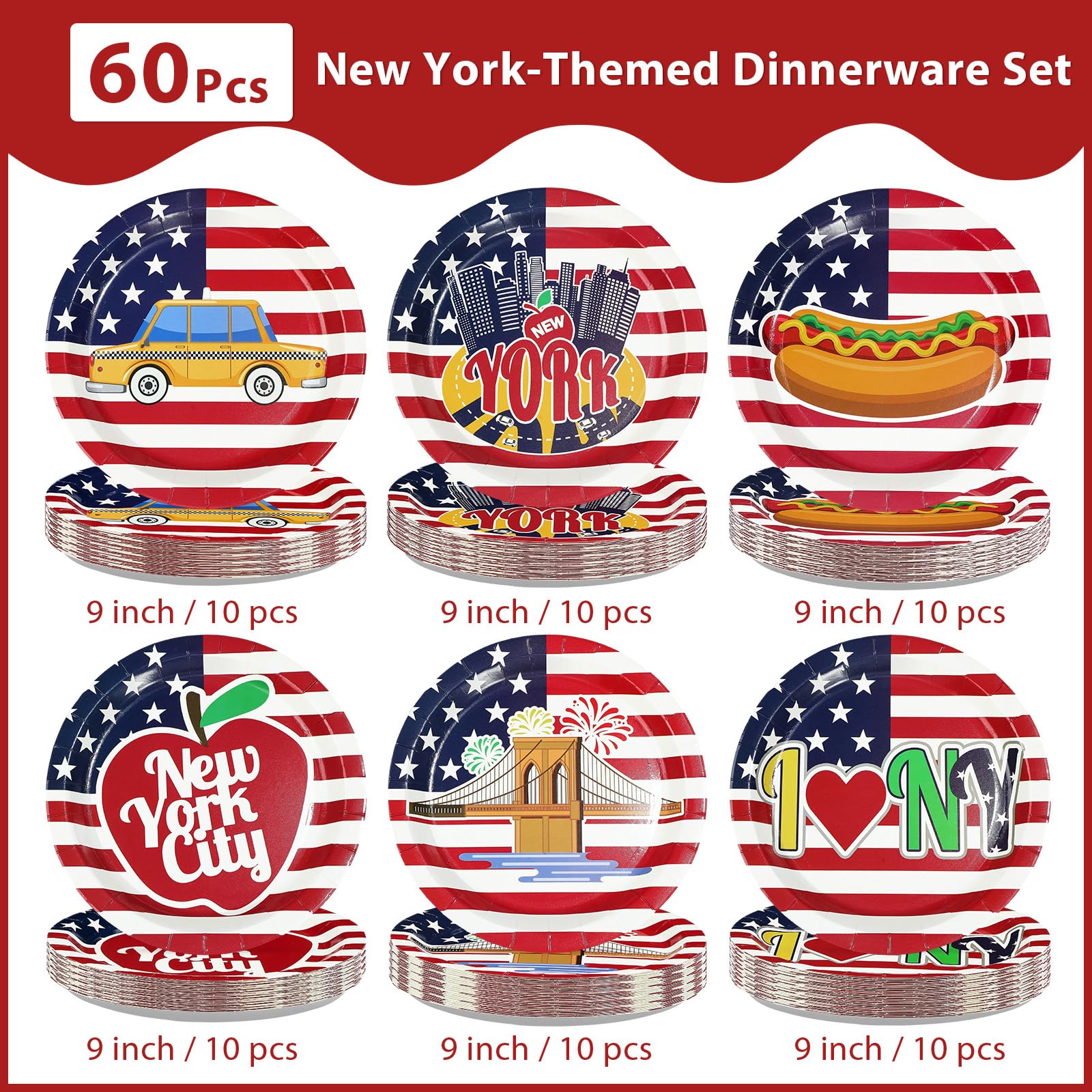 60 Pcs 9-inch New York City Party Plates - Grencian