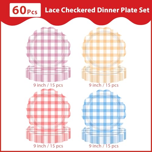 60 Pcs 9-inch Picnic Gingham Party Plates - Grencian
