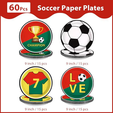 60 Pcs 9-inch Red Green Soccer Party Plates - Grencian