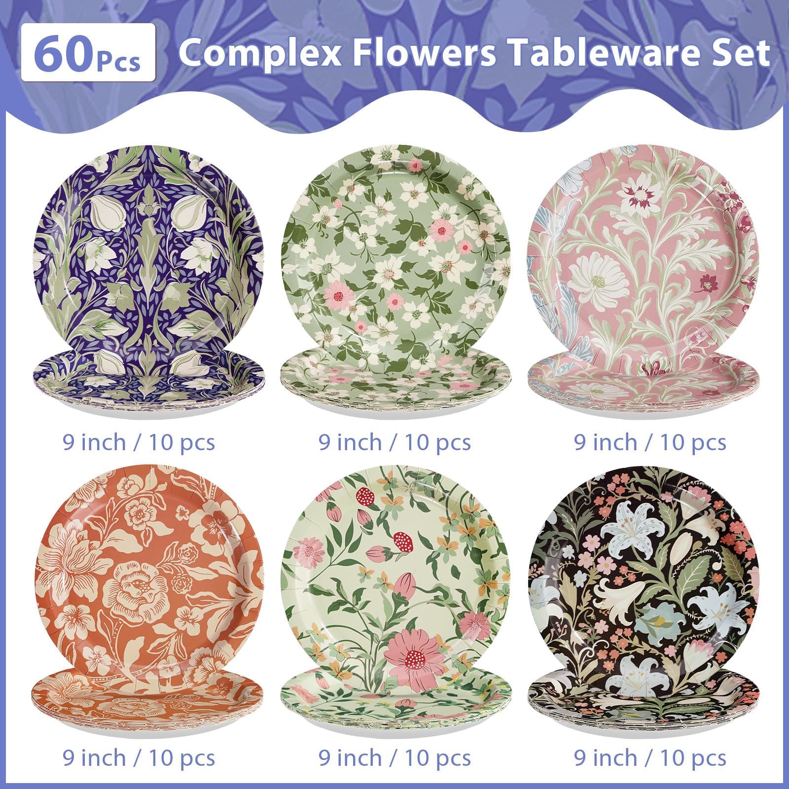 60 Pcs 9-inch Vintage Wildfloral Party Plates - Grencian