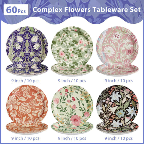 60 Pcs 9-inch Vintage Wildfloral Party Plates - Grencian