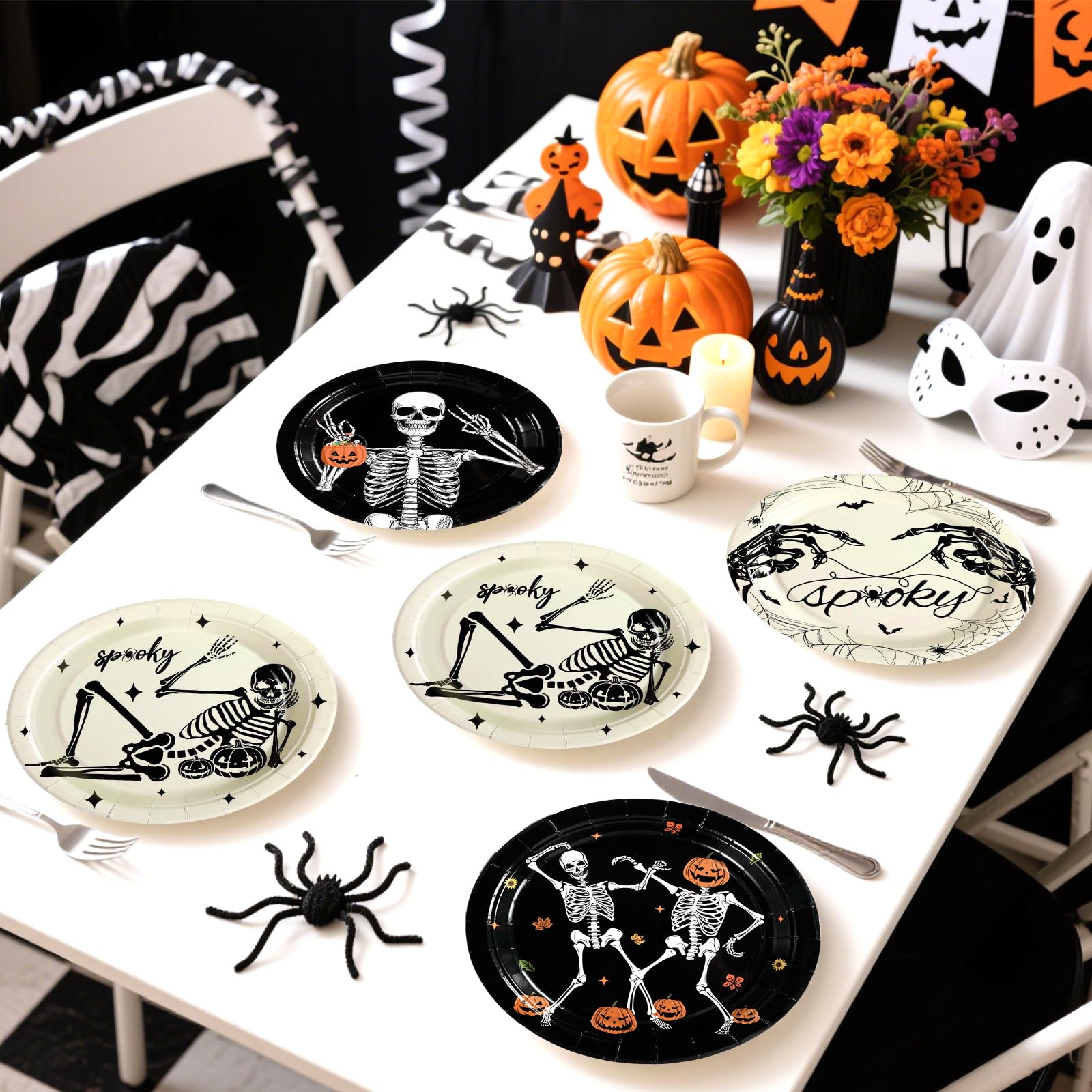60 Pcs Black and White Skeleton Party Plate - Grencian