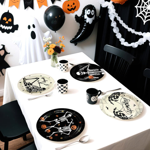 60 Pcs Black and White Skeleton Party Plate - Grencian