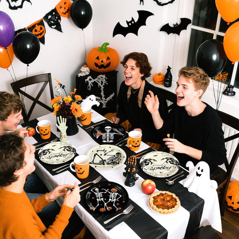 60 Pcs Black and White Skeleton Party Plate - Grencian