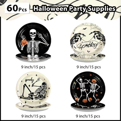 60 Pcs Black and White Skeleton Party Plate - Grencian