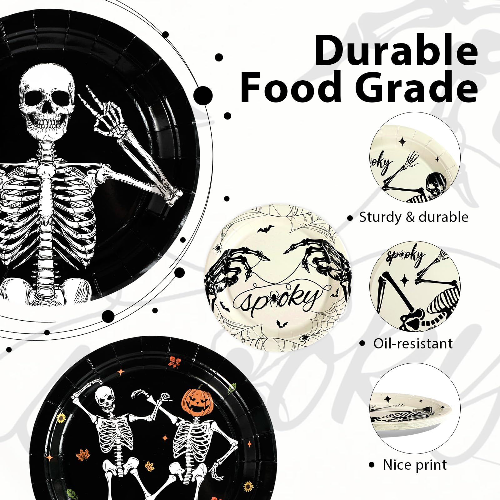60 Pcs Black and White Skeleton Party Plate - Grencian