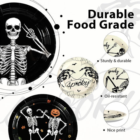 60 Pcs Black and White Skeleton Party Plate - Grencian