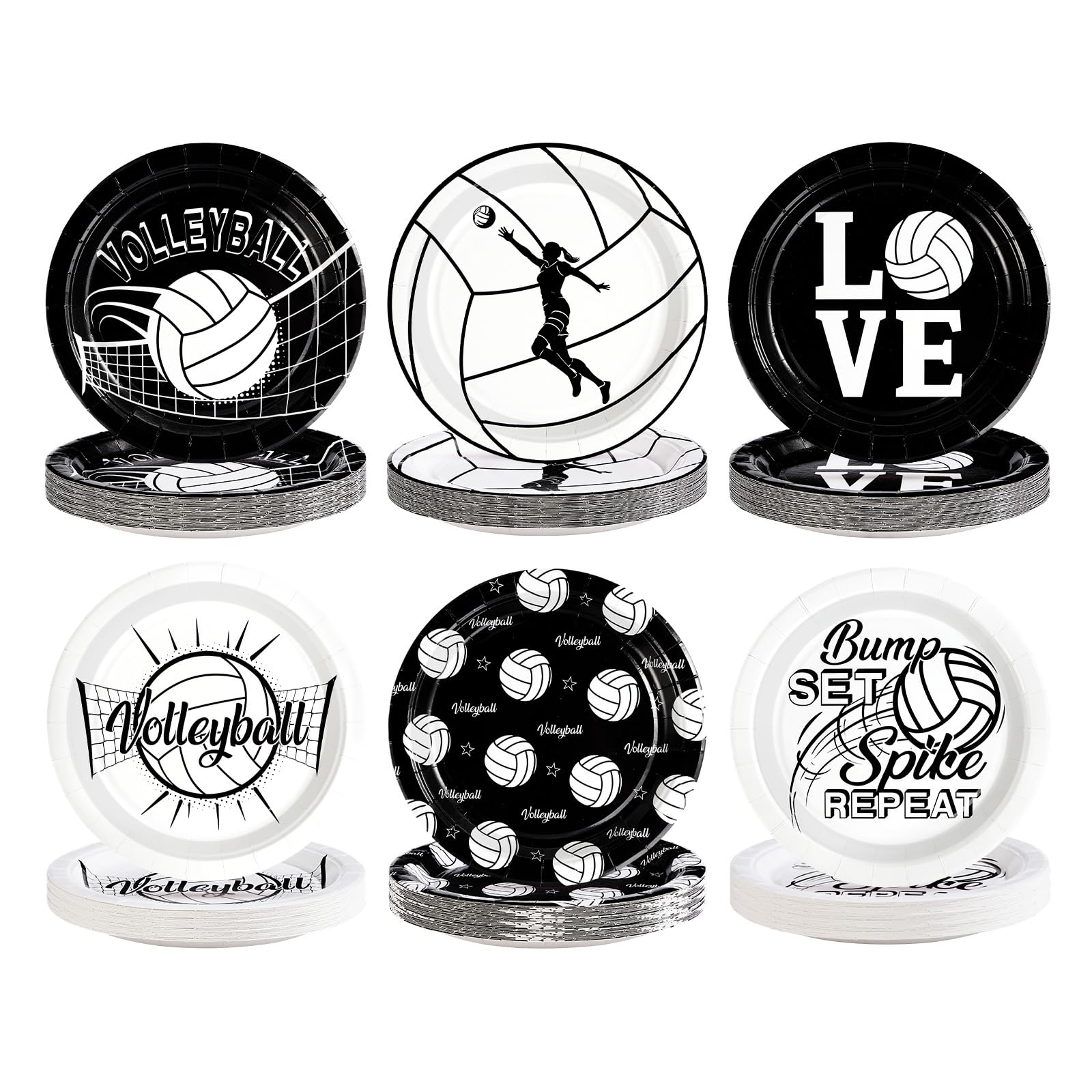 60 Pcs Black and White Volleyball Party Plates - Grencian