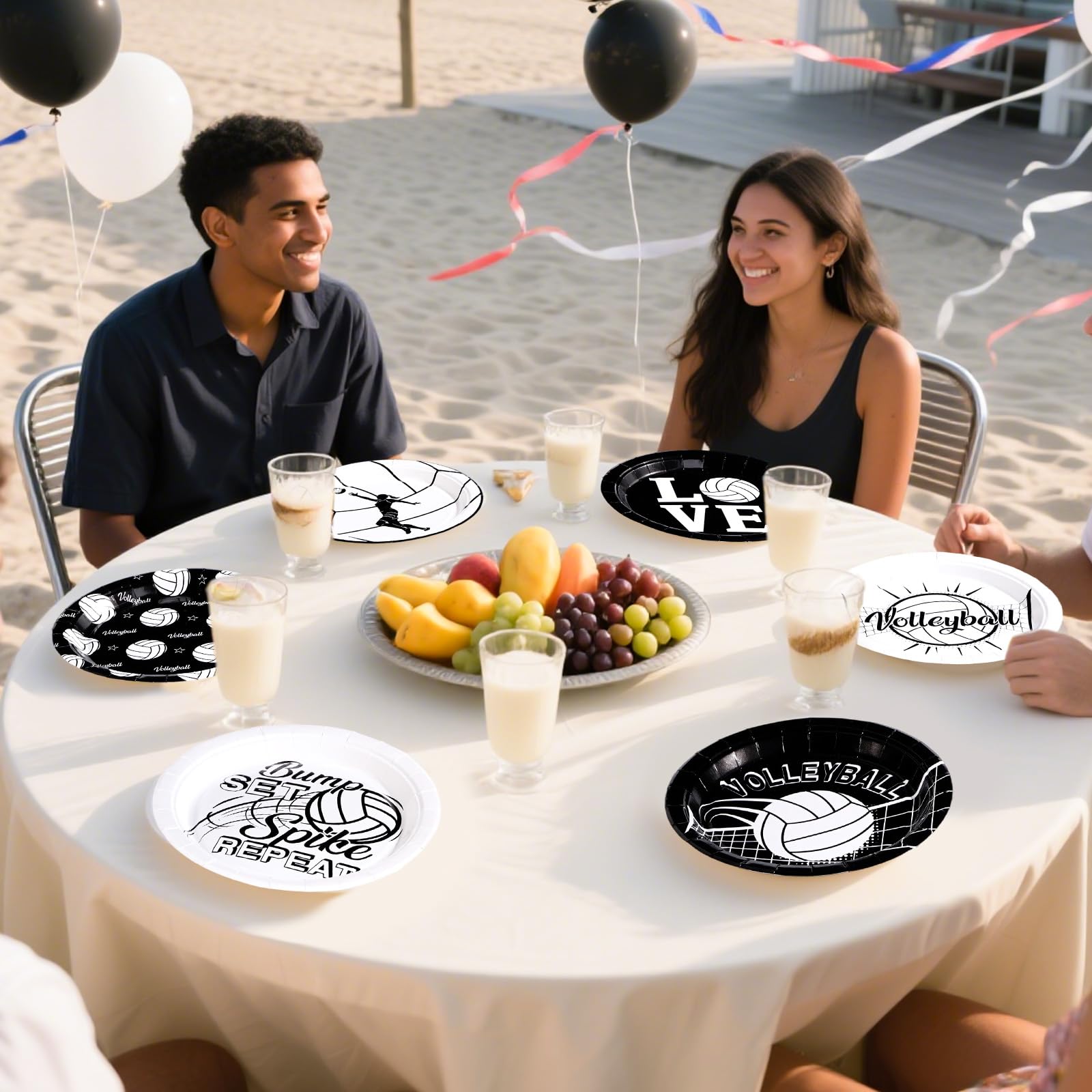 60 Pcs Black and White Volleyball Party Plates - Grencian