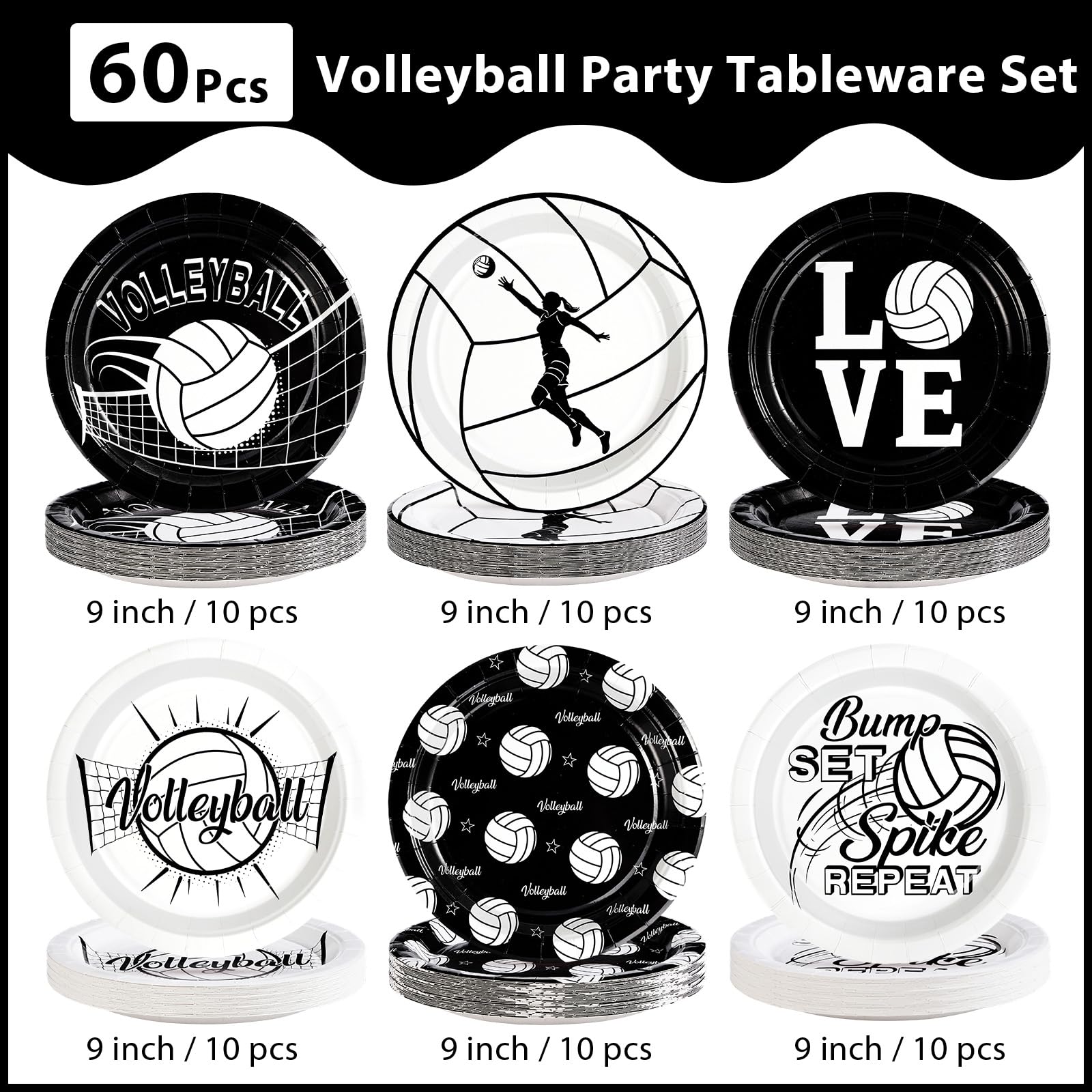 60 Pcs Black and White Volleyball Party Plates - Grencian