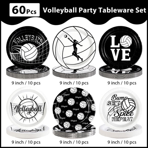 60 Pcs Black and White Volleyball Party Plates - Grencian