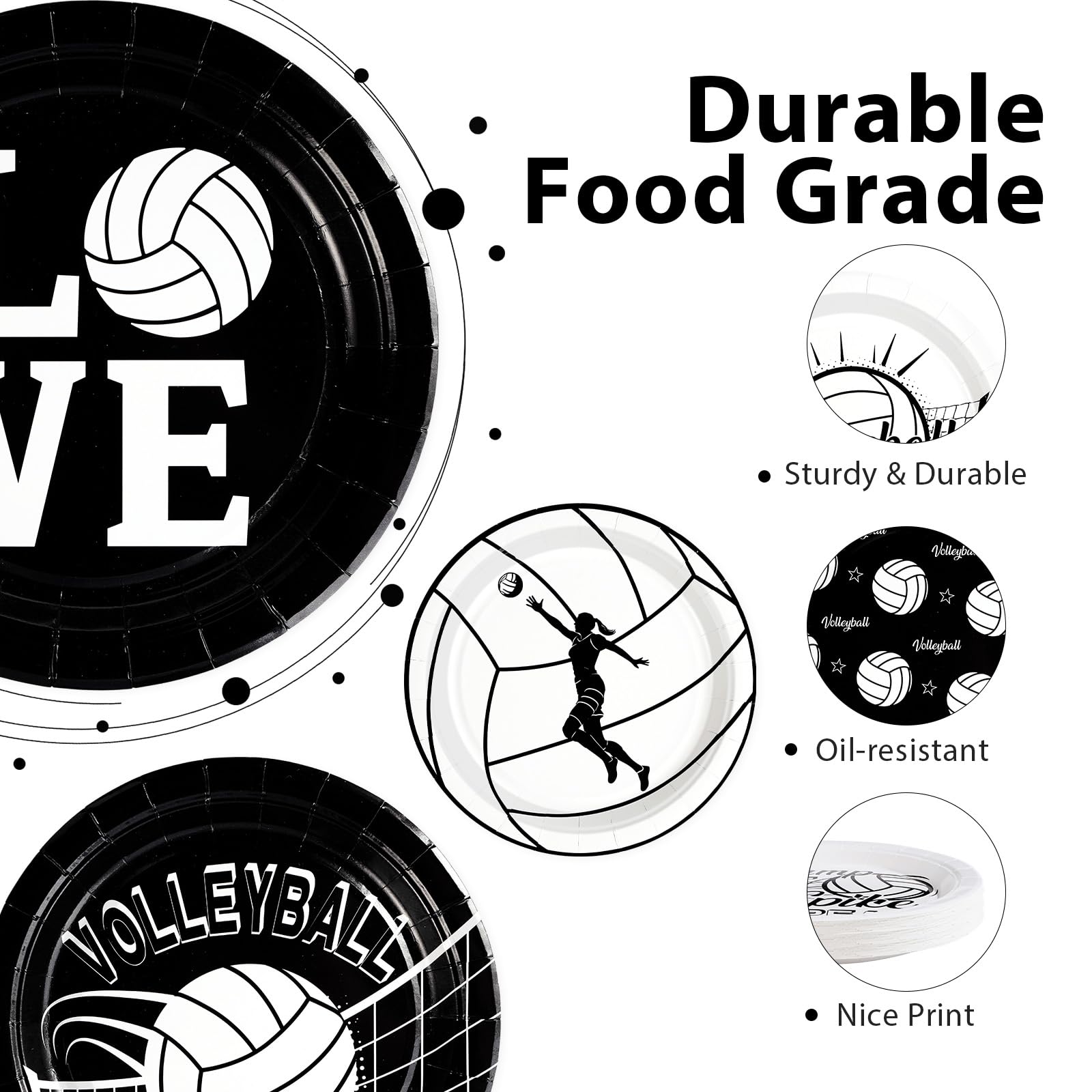 60 Pcs Black and White Volleyball Party Plates - Grencian