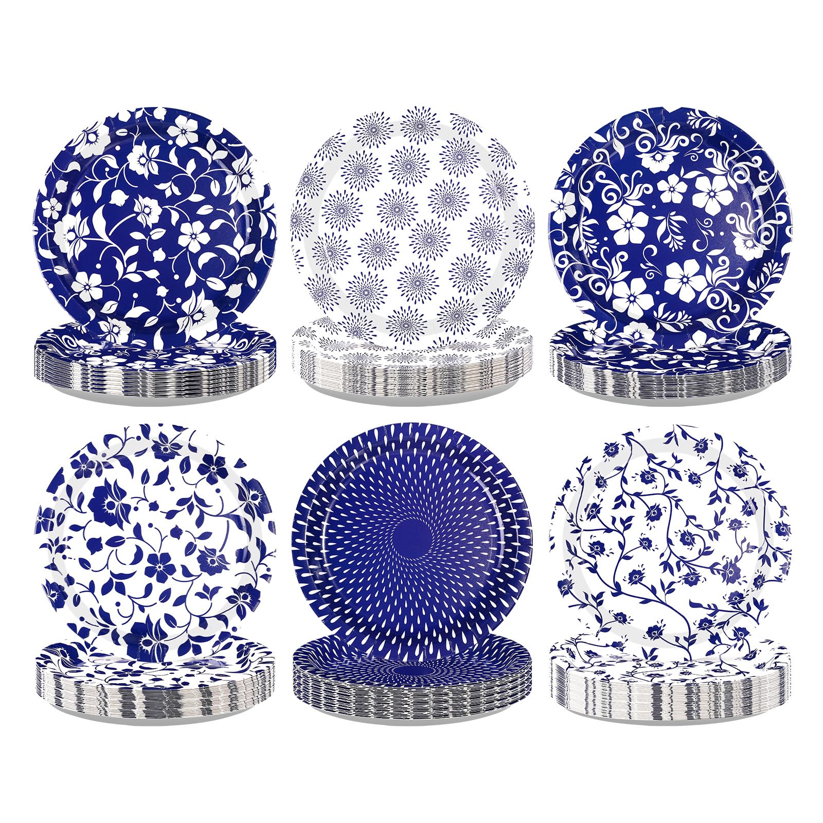 60 Pcs Blue White Floral Party Plates - Grencian