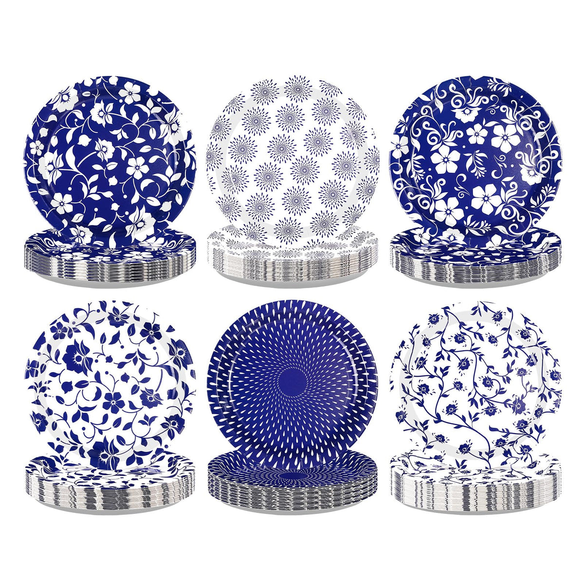 60 Pcs Blue White Floral Party Plates - Grencian