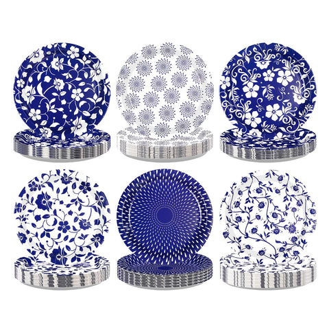 60 Pcs Blue White Floral Party Plates - Grencian