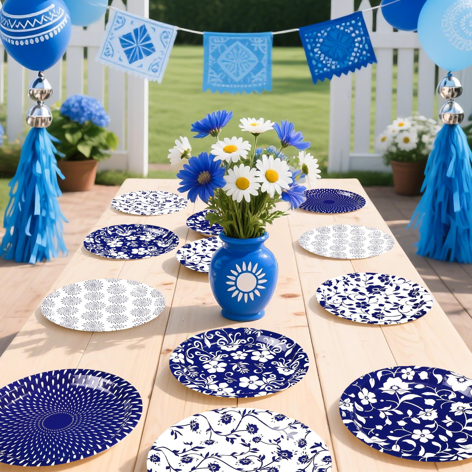 60 Pcs Blue White Floral Party Plates - Grencian