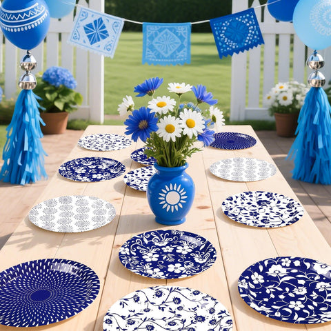 60 Pcs Blue White Floral Party Plates - Grencian