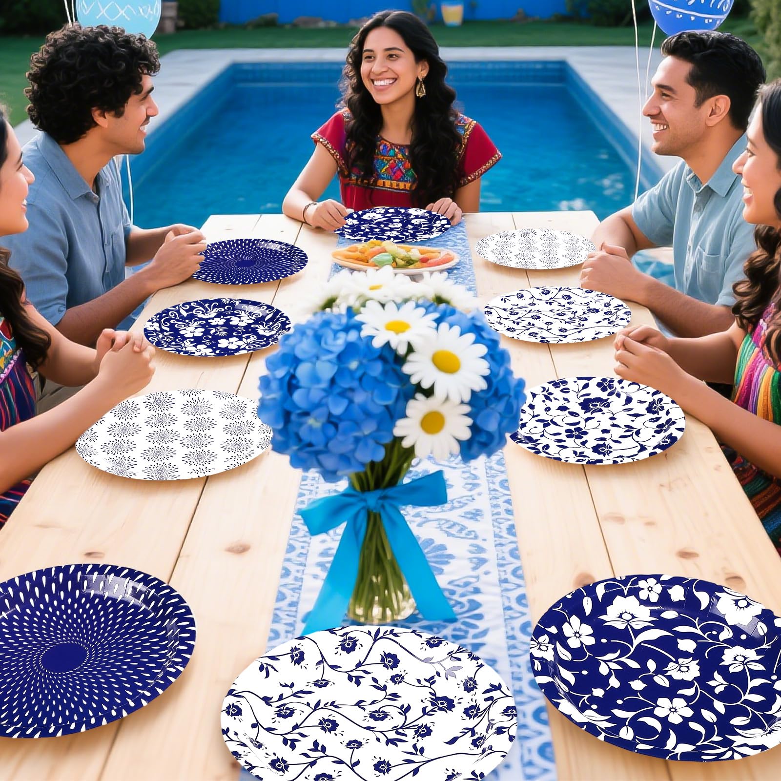 60 Pcs Blue White Floral Party Plates - Grencian