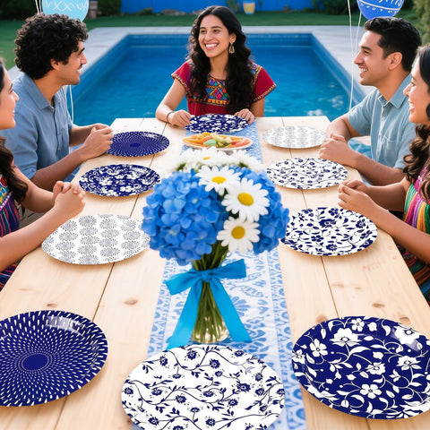 60 Pcs Blue White Floral Party Plates - Grencian