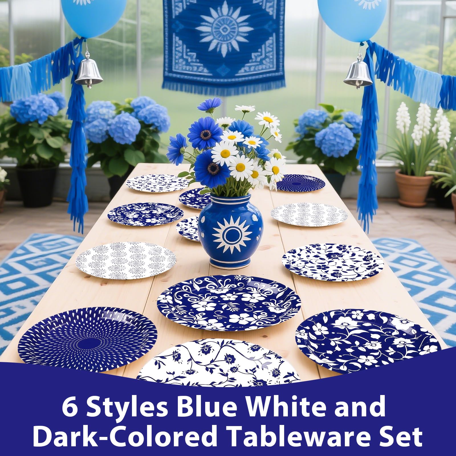 60 Pcs Blue White Floral Party Plates - Grencian