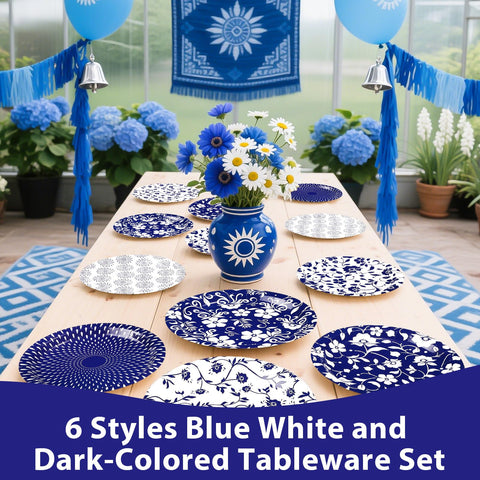 60 Pcs Blue White Floral Party Plates - Grencian