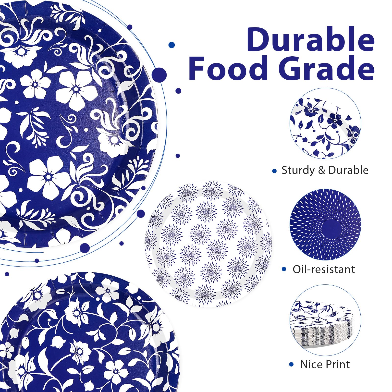 60 Pcs Blue White Floral Party Plates - Grencian