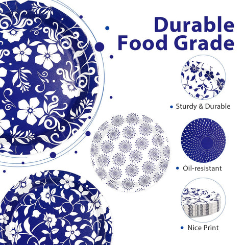 60 Pcs Blue White Floral Party Plates - Grencian