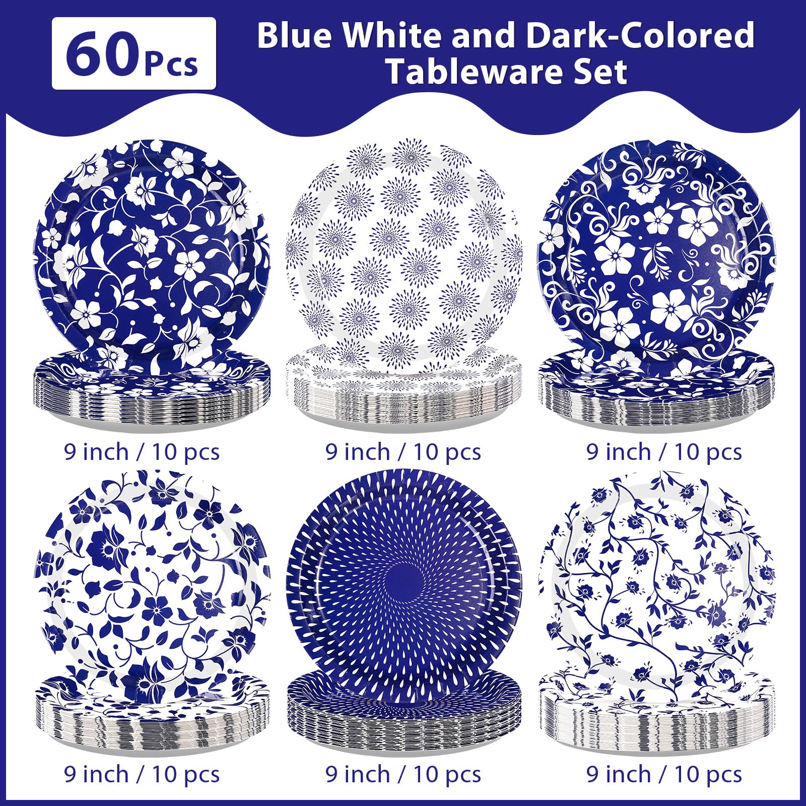 60 Pcs Blue White Floral Party Plates - Grencian