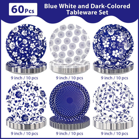 60 Pcs Blue White Floral Party Plates - Grencian