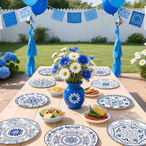 60 Pcs Blue White Flower Party Plates - Grencian