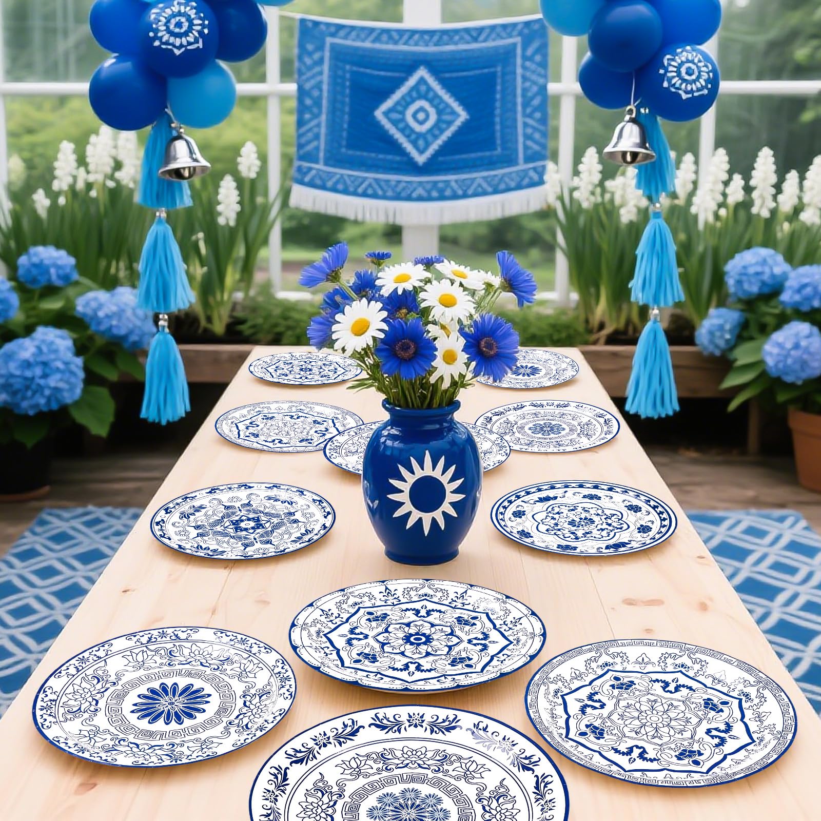 60 Pcs Blue White Flower Party Plates - Grencian