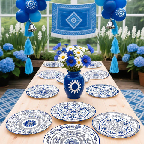 60 Pcs Blue White Flower Party Plates - Grencian