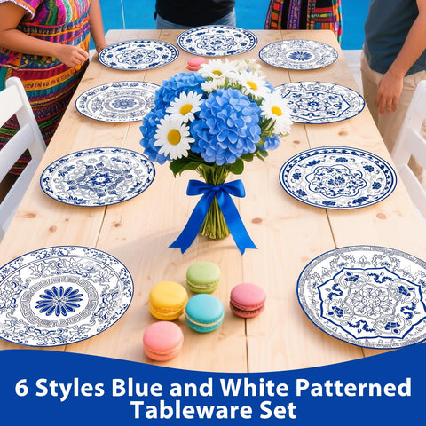 60 Pcs Blue White Flower Party Plates - Grencian