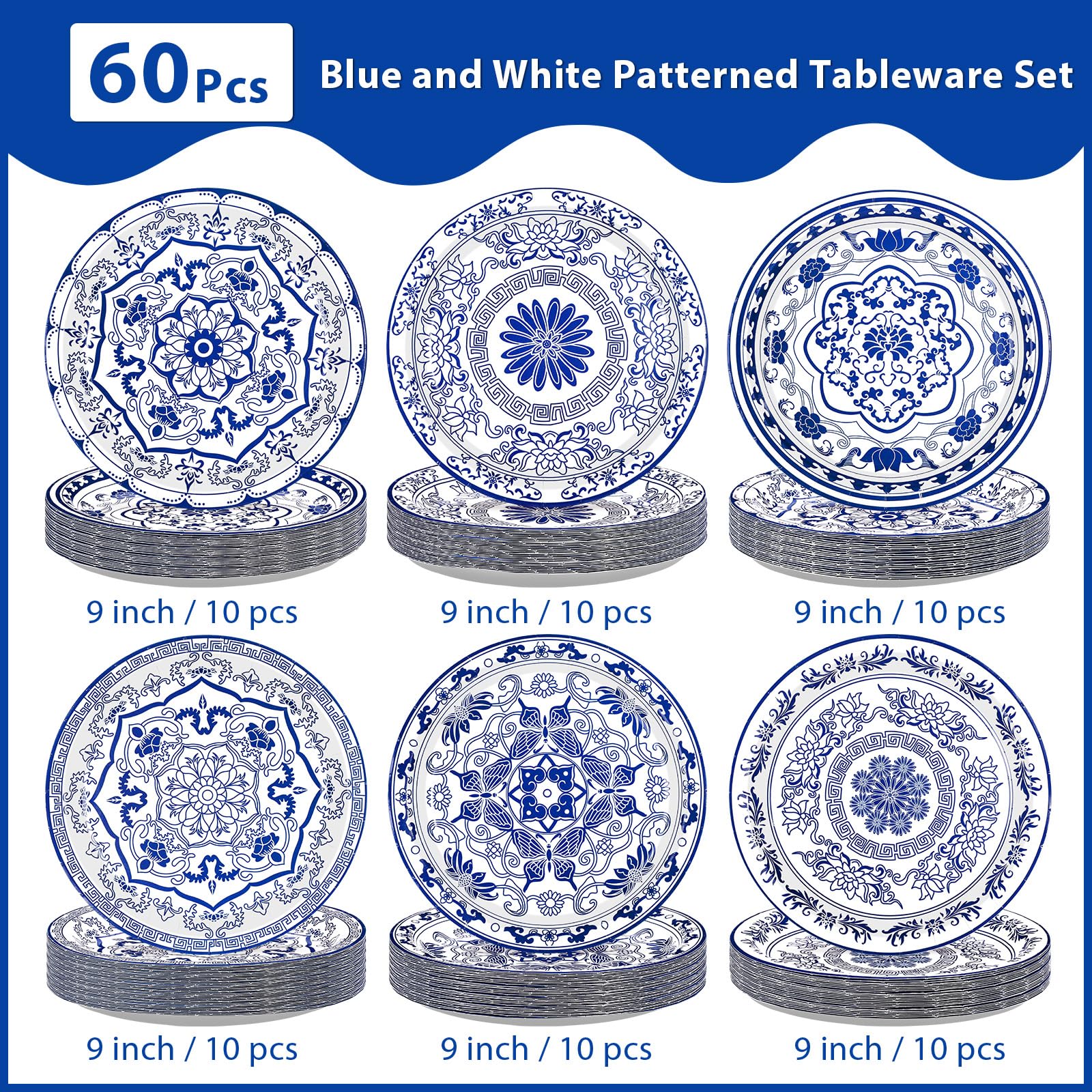 60 Pcs Blue White Flower Party Plates - Grencian