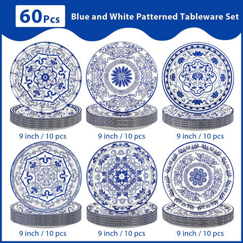 60 Pcs Blue White Flower Party Plates - Grencian