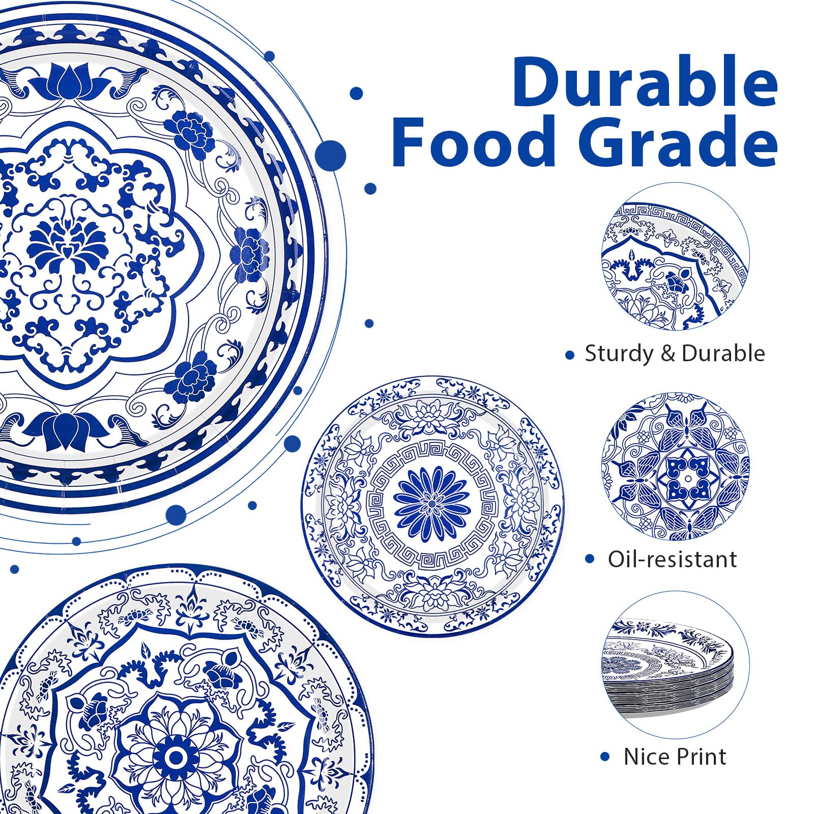 60 Pcs Blue White Flower Party Plates - Grencian