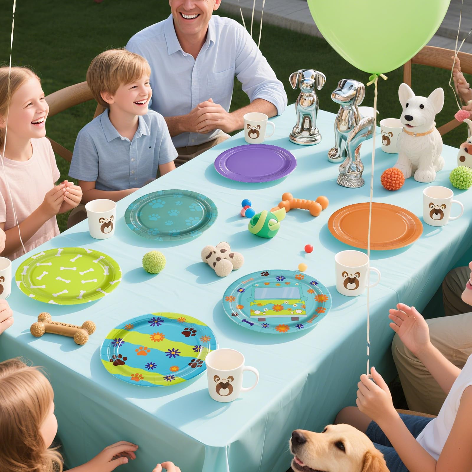 60 Pcs Blue and Green Cartoon Dog Party Plates - Grencian